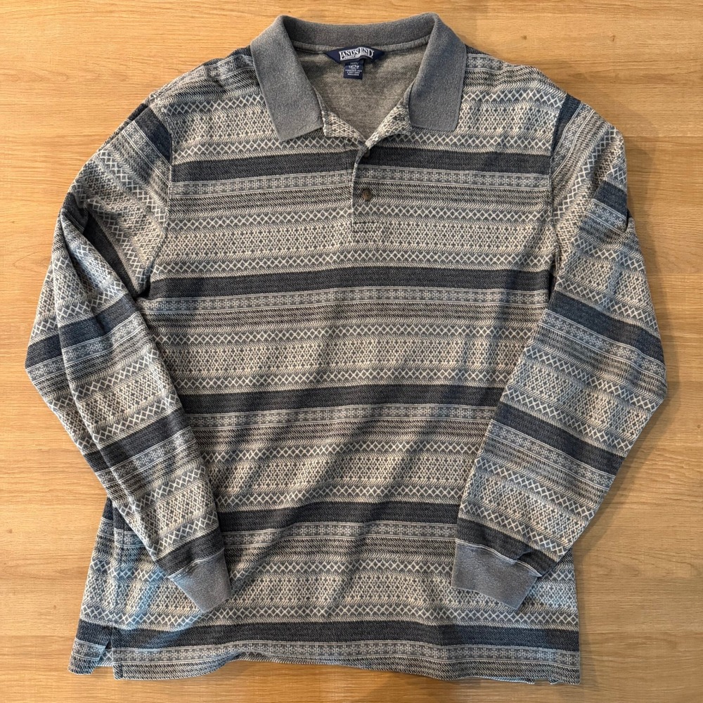 Lands End Mens XL Long Sleeve Polo Shirt Grey Navy Striped Vintage Made in USA